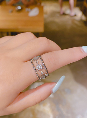 【真金电镀】八芒星开口戒指女日系轻奢满钻锆石环网红可调节饰品
