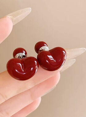 安哥拉红色爱心一款多戴耳环复古高级感时尚百搭耳钉甜美通勤耳饰