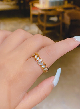 真金电镀铜镶锆石网红几何戒指女时尚小众设计开口可调节食指环戒