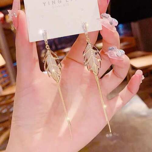 s925银针东大门气质树叶流苏耳坠长款清新耳钉镂空设计耳环耳饰品