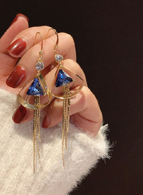复古蓝色水晶扇形耳环2023年新款长款流苏耳钉时尚女气质耳饰