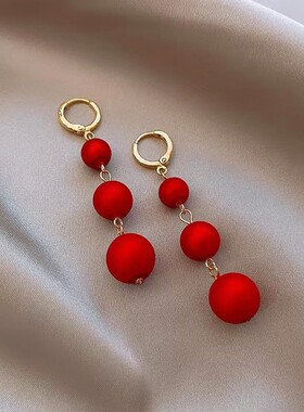 红色球球新年喜庆耳环女韩国气质长款流苏耳坠新款网红耳饰品