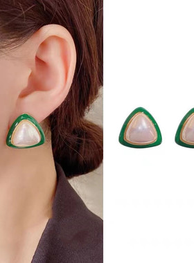 几何耳环小众设计感珍珠耳饰人鱼姬气质s925银针三角绿色系耳钉女
