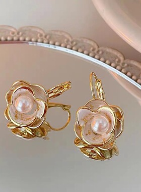 925银针小清新珍珠山茶花耳钉女ins风小众设计感气质耳环耳饰