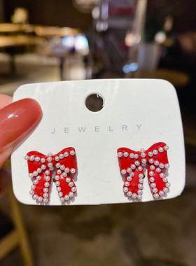 S925银针复古黑色蝴蝶结耳钉2021新潮珍珠耳环气质港风耳饰女饰品