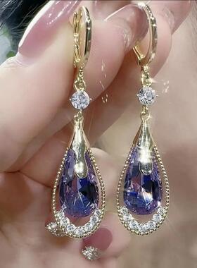 2023年新款潮高级感紫色水晶水滴形耳扣简约大气耳环时尚气质耳饰