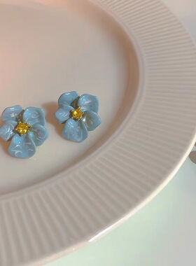 复古优雅蓝色滴油花朵耳钉女精致时尚个性耳环气质轻奢百搭耳饰品