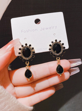 法式宫廷风巴洛克黑色镶钻耳环女高级感简约时尚耳钉气质百搭耳饰