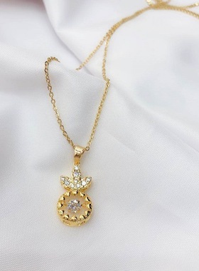 【真金保色】保色铜微镶圆钻四爪跳动的心花冠气质女潮锁骨项链