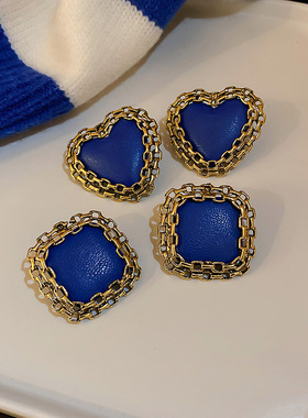 S925银针韩国复古蓝色皮革方形爱心耳环小众个性气质耳钉耳饰