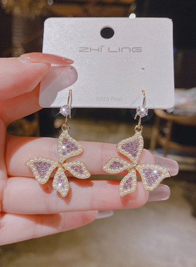 高级感紫色珍珠蝴蝶耳环2022新品潮超仙耳坠女网红气质韩国耳饰女