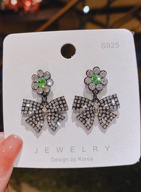 S925银针绿色花朵耳钉女韩国气质大气满钻蝴蝶结设计耳坠耳饰