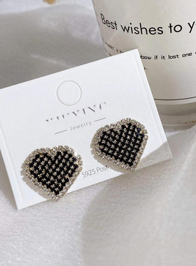S925银针韩国东大门高级感黑色时尚满钻个性爱心耳环女气质耳饰品