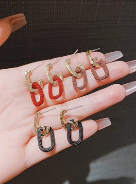 红色复古方形耳环轻奢高级感简约耳钉小众设计气质百搭潮耳饰