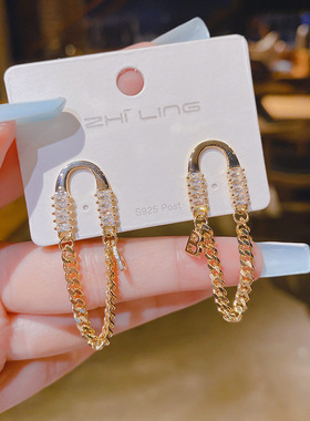 s925银针韩版潮链条微镶锆石耳钉耳钩韩国东大门网红ins同款潮流