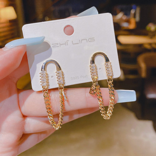 s925银针韩版潮链条微镶锆石耳钉耳钩韩国东大门网红ins同款潮流