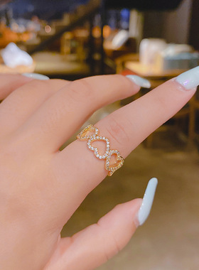 铜镶锆石东大门网红新品爱心戒指女ins镂空小众设计 甜美风食指戒