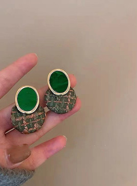 s925银针韩国东大门个性高级感耳钉设计师款耳饰绿色格纹新潮耳环