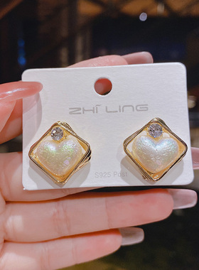 s925纯银针精致爱心珍珠耳环2021新款菱形韩版网红耳钉高级感耳饰