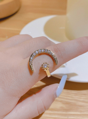 铜镶锆石真金电镀水滴花瓣小众设计戒指女ins潮食指指环韩国饰品