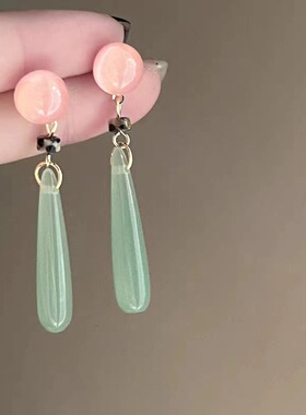 新中式绿色水滴树脂吊坠耳环优雅旗袍耳坠仙气质复古国风耳饰