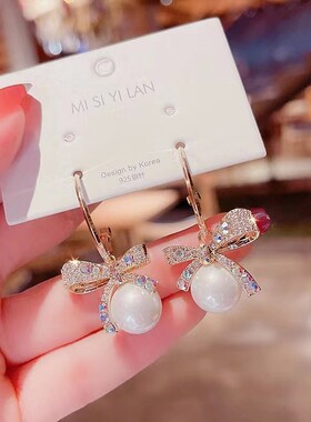 珍珠耳环女2022年新款气质网红蝴蝶结彩钻耳钉s925银针设计感耳饰