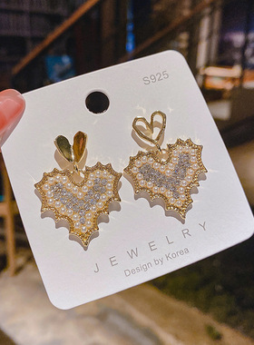 【925银针】韩国简约满钻爱心珍珠耳环女2021新品百搭流耳坠耳饰