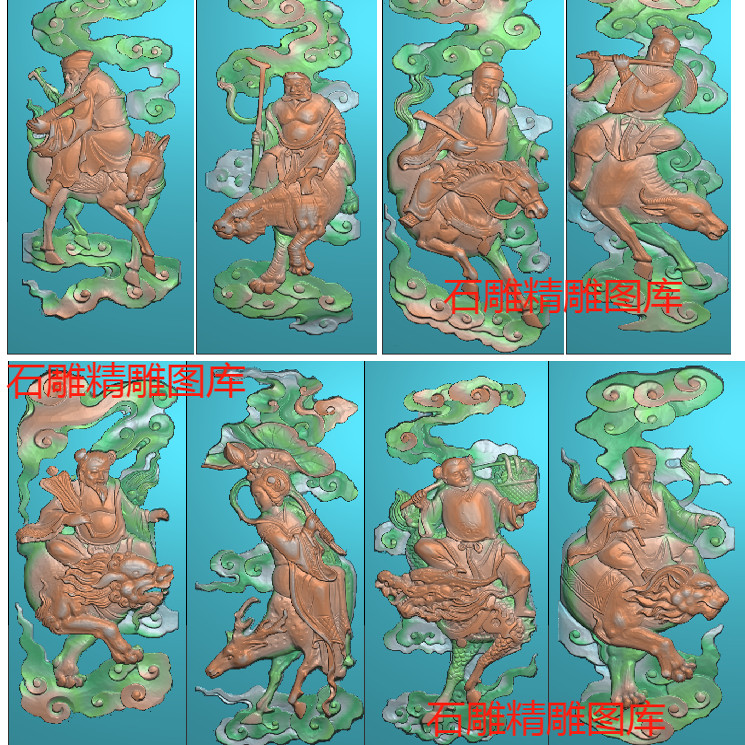 八仙精雕图浮雕 扫描图深雕古建图新款八仙人物竖石材雕刻寺庙