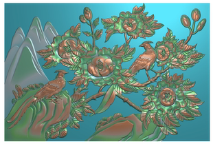 花鸟精雕图浮雕图锦上添花精雕图花开富贵石雕灰度图175-118-2