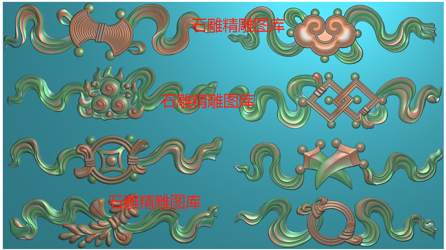 八宝栏板精雕图浮雕图 八宝横款浮雕图 石雕图灰度图