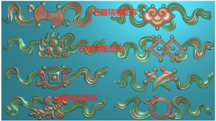 八宝栏板精雕图浮雕图 八宝横款浮雕图 石雕图灰度图