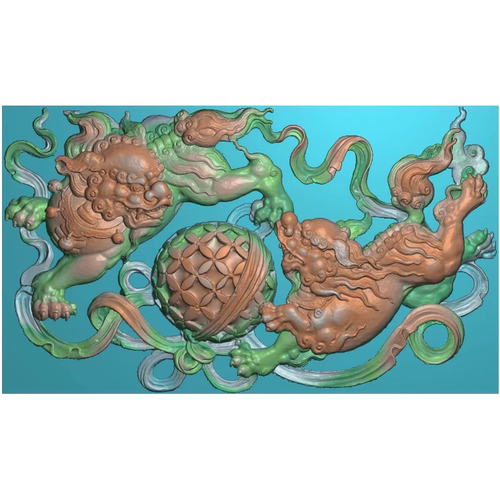 240古建动物扫描精雕图 门楼狮堵灰度图 双狮戏球栏板石雕惠安