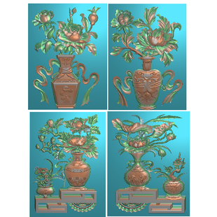 四季花花瓶石雕图 博古深雕富贵平安精雕图jdp雕刻浮雕图有线