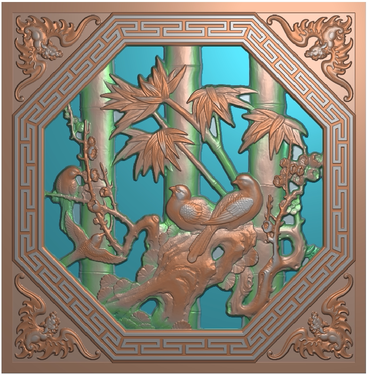 新款竹鸟窗精雕图  竹鸟窗扫描图 石雕图  镂空窗雕图 灰度图