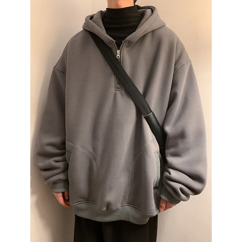 가을 겨울 벨벳 두꺼운 후드 티셔츠 남성용 하프 지퍼 풀오버 ??캐주얼 트렌디 브랜드 솔리드 컬러 다목적 청소년 자켓