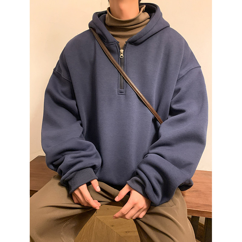 가을 겨울 벨벳 두꺼운 후드 티셔츠 남성용 하프 지퍼 풀오버 ??캐주얼 트렌디 브랜드 솔리드 컬러 다목적 청소년 자켓