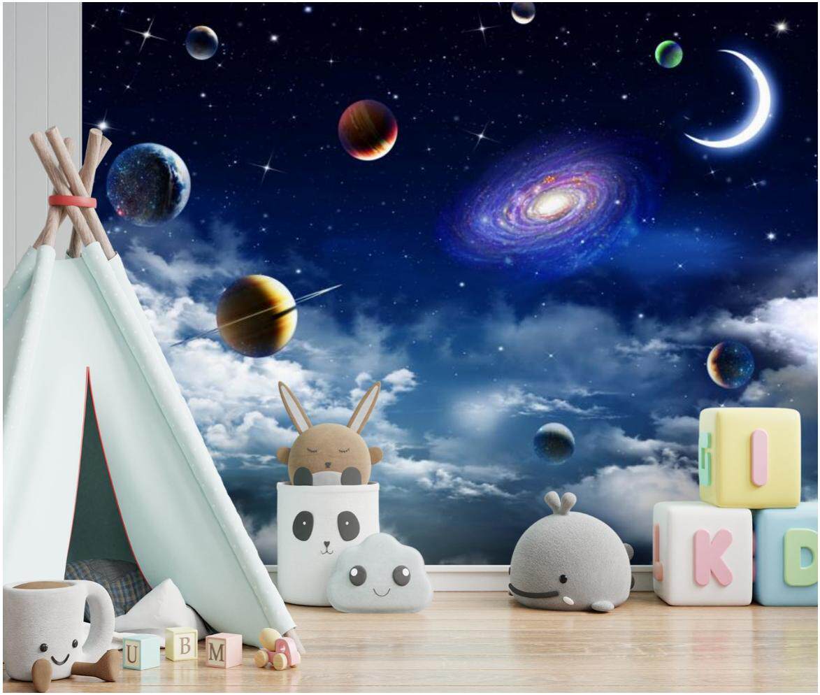儿童房卡通墙布电视背景墙壁纸现代宇宙星空轻奢壁画客厅网红壁布