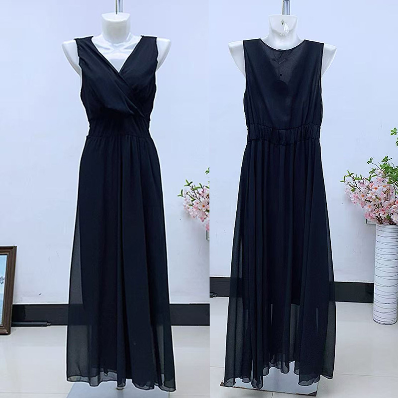 V领套头黑色长款连衣裙2025年夏季新款大摆无袖礼服裙背心裙