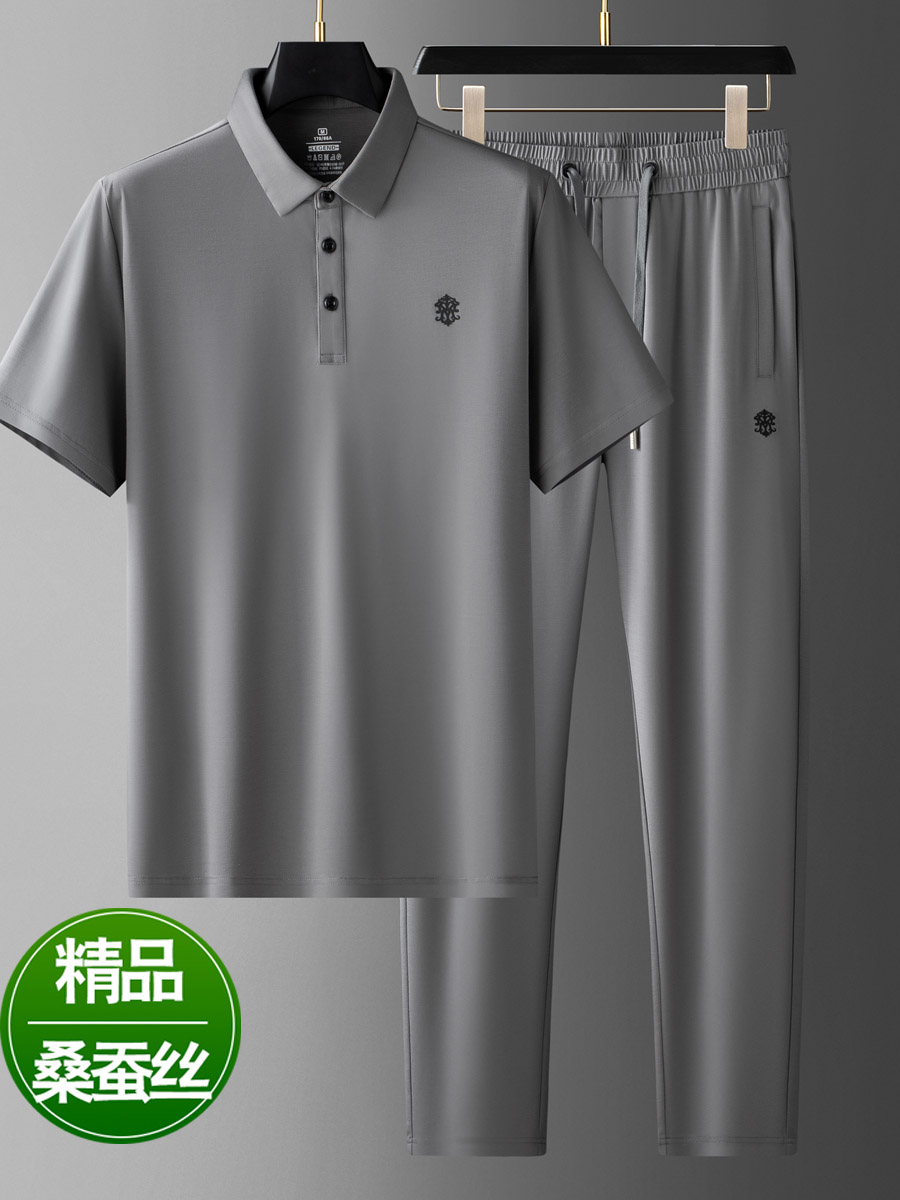 2023新款桑蚕丝休闲运动套装男夏季宽松透气中年爸爸男士两件套