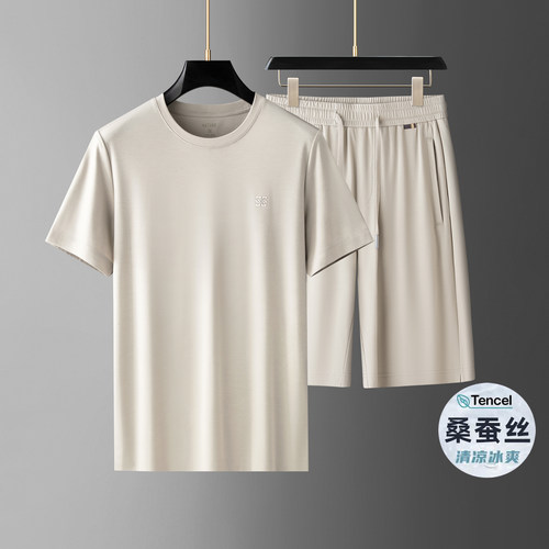 高端桑蚕丝休闲运动套装男五分裤圆领短袖夏季薄款超薄冰丝两件套