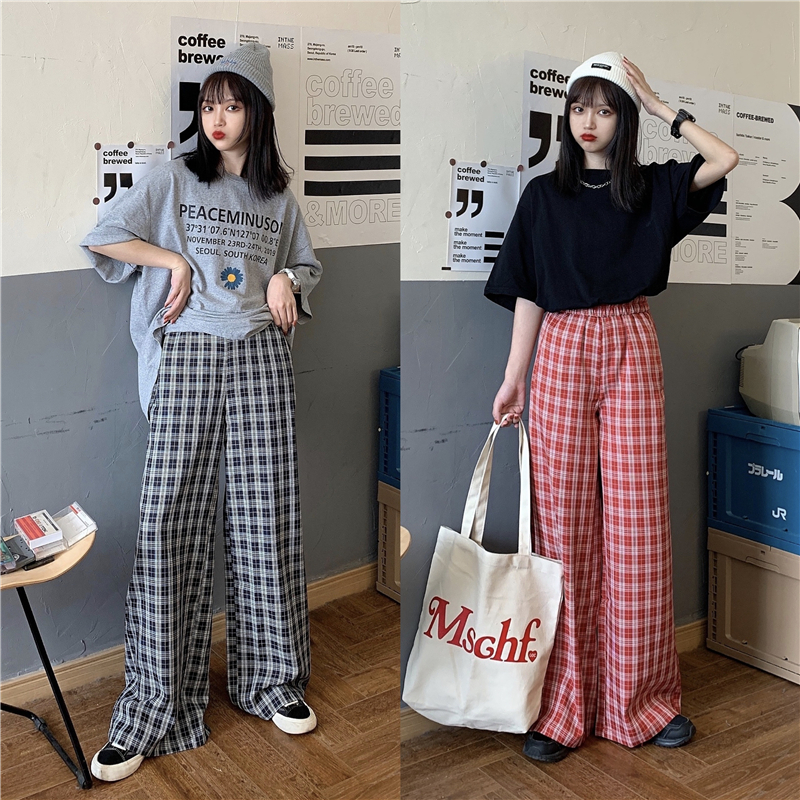 Japanese students' casual pants women's summer Plaid loose and versatile straight wide leg pants Capri pants fashion