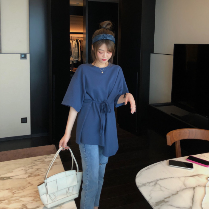 Net red Korean loose medium and long design, versatile base shirt, student top, damp cotton