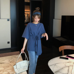 Net red Korean loose medium and long design, versatile base shirt, student top, damp cotton