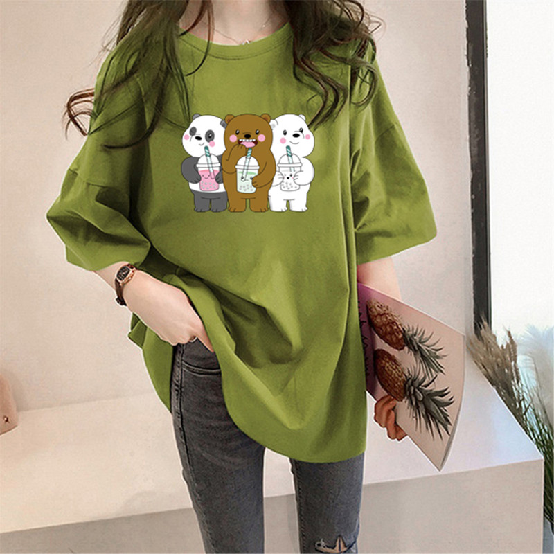 Guantuke double ground milk silk summer T-shirt short sleeve student lazy printing medium long T-shirt