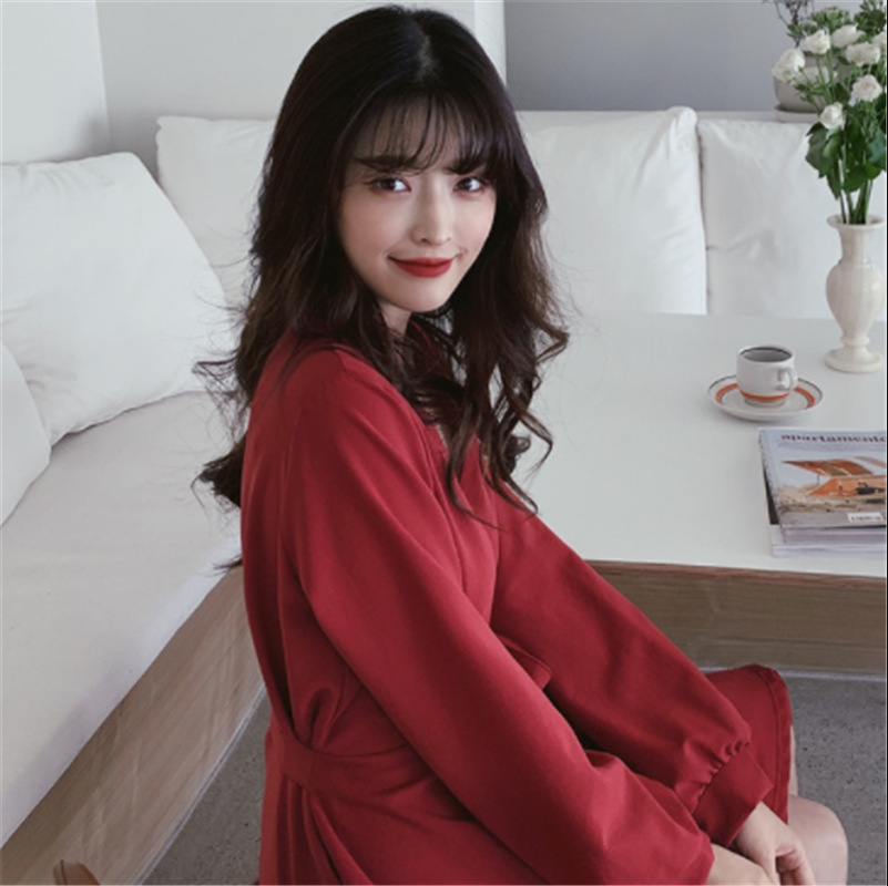 Autumn new women's loose high waist cross V-Neck long sleeve bandage dress solid color show thin A-line shorts skirt