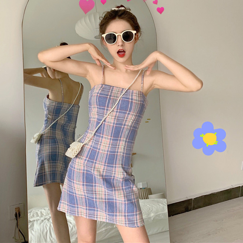 Summer new slim plaid skirt small fresh retro sweet student suspender dress women's wear