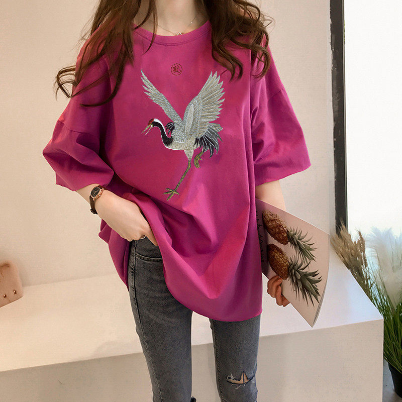 Guantuke double ground milk silk summer T-shirt short sleeve student lazy printing medium long T-shirt