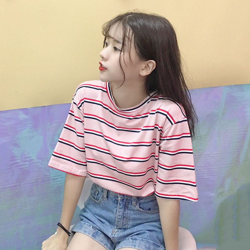 Summer loose fitting short sleeve T-shirt girl student stripe retro Hong Kong flavor Double Wear