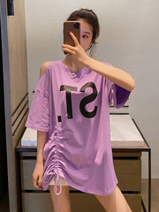 Net red Korean loose medium length super fire purple drawstring off shoulder top damp cotton