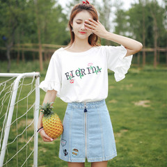 2021 summer Cherry Blossom embroidery t-shirt female short sleeve Korean student flared Sleeve Ruffle Top